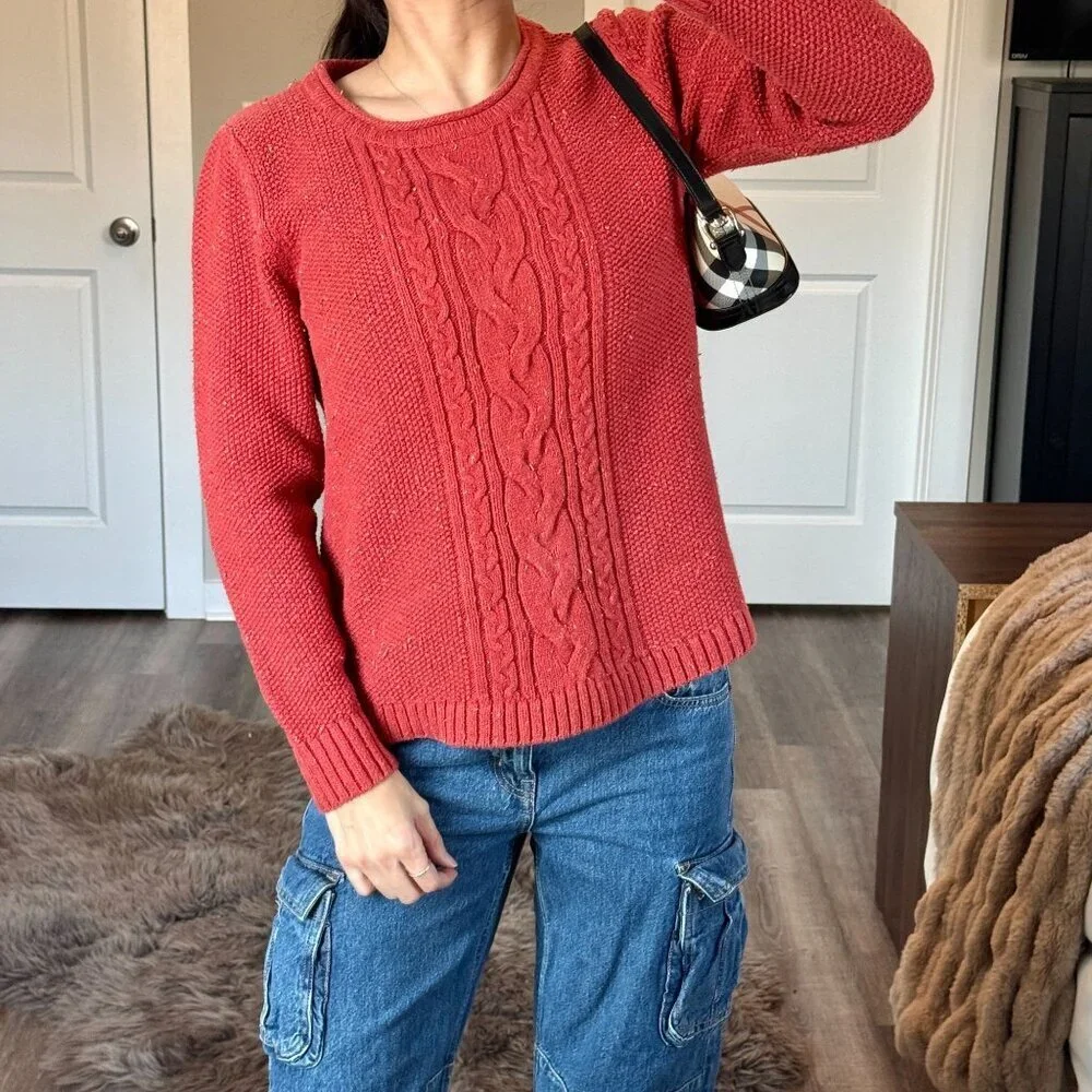 LL Bean Speckled Red Cable Knit Sweater Womens M Cottagecore Grandmacore